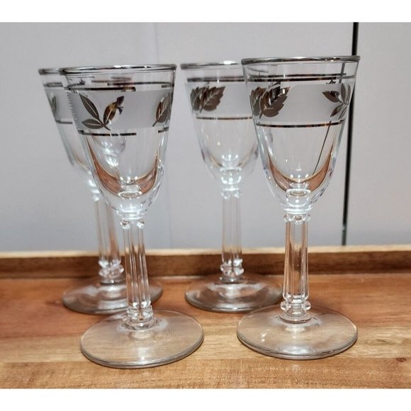 4) Libbey Cordial Glasses 4.25" Hostess Set 1oz Silver Leaf Foliage - Picture 2 of 12